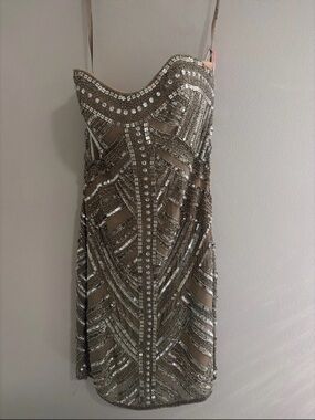 SCALA Strapless Beaded Rhinestone Mini Dress Size 6 | Gatsby Art Deco